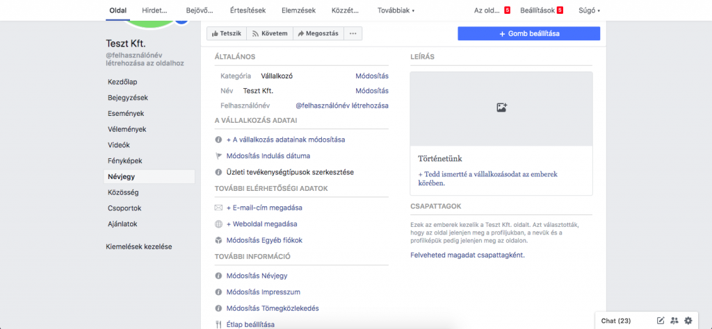 Facebook oldal névjegy
