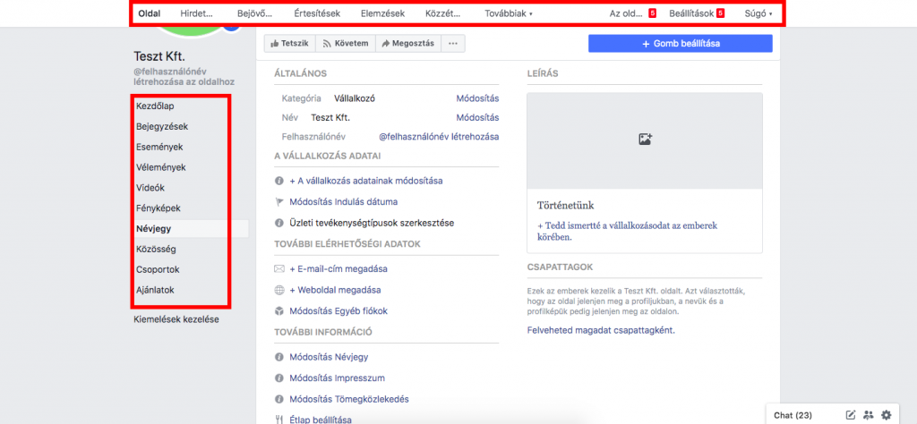 Facebook navigáció fülek