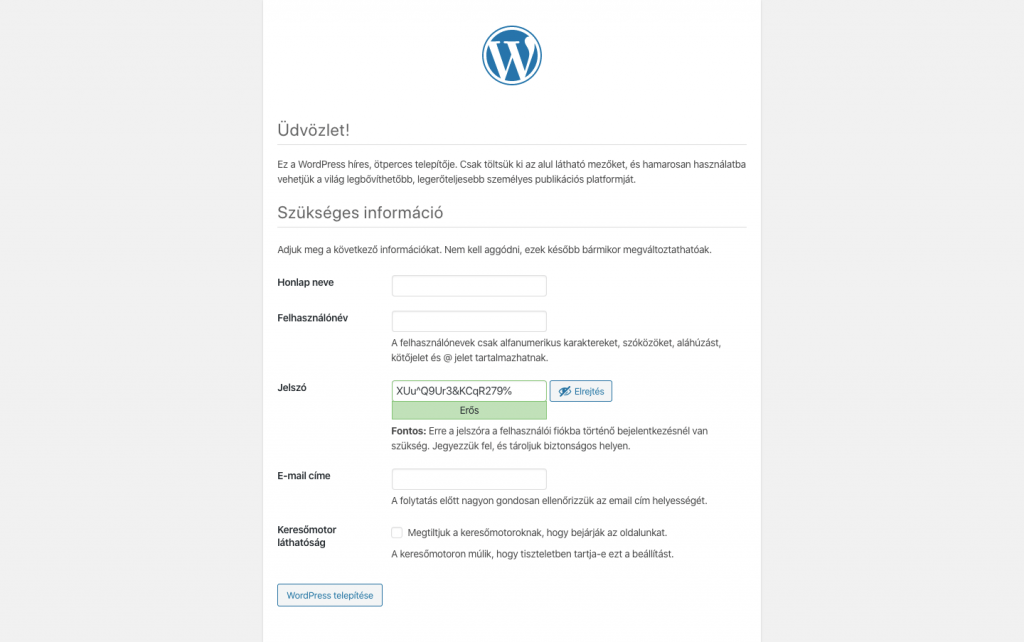Wordpress öt perces telepítő