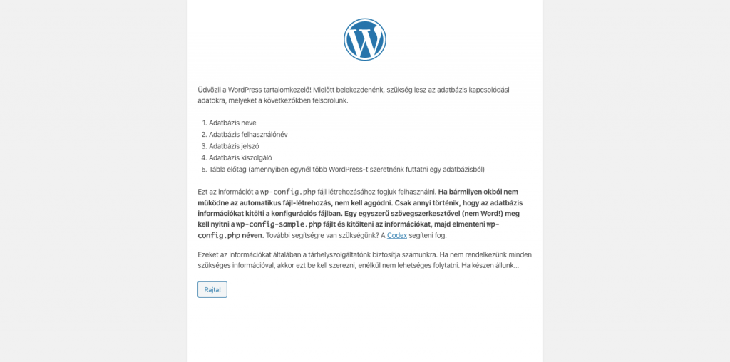 Wordpress telepítés böngészőben